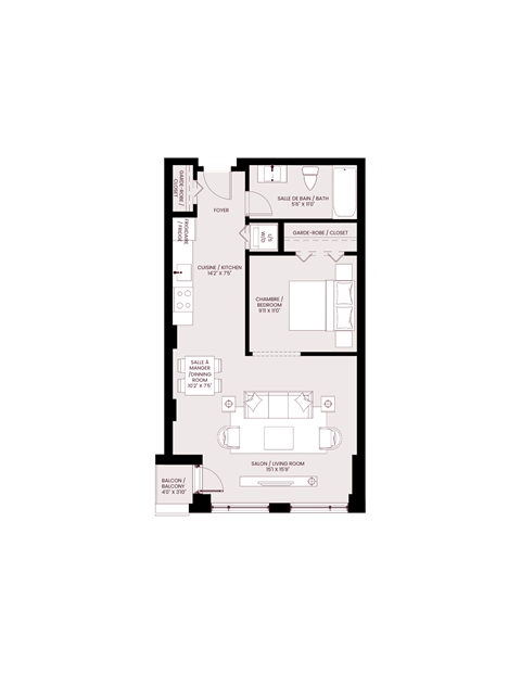 Floor plan for 1 bed, 1 bath, 693 sqft